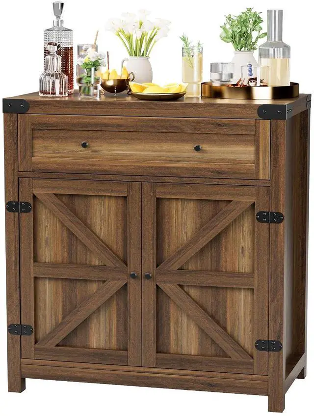 Main image of Coffee Bar Cabinet Farmhouse Kitchen Sideboard Buffet Cabinet with Drawer and Adjustable Shelf Barn Door Storage for Kitchen, Dining Room, Bathroom, Entryway (Brown)