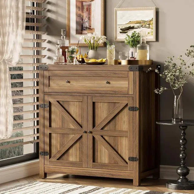Alt view image 2 of 7 - Coffee Bar Cabinet Farmhouse Kitchen Sideboard Buffet Cabinet with Drawer and Adjustable Shelf Barn Door Storage for Kitchen, Dining Room, Bathroom, Entryway (Brown)