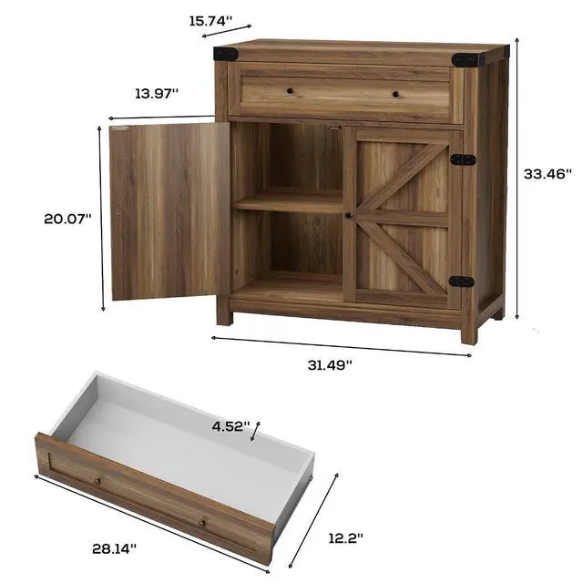Alt view image 3 of 7 - Coffee Bar Cabinet Farmhouse Kitchen Sideboard Buffet Cabinet with Drawer and Adjustable Shelf Barn Door Storage for Kitchen, Dining Room, Bathroom, Entryway (Brown)