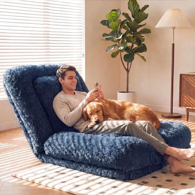 Main image of Human Dog Bed Adjustable, Foldable Human Dog Bed for Adult & Pets with Egg Orthopedic Foam, Adjustable Upholstered Big Bean Bed with 2 Soft Cushions for Living Room, Bedroom (Dark Blue)