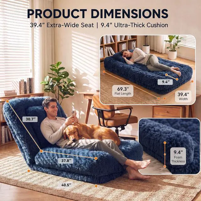 Alt view image 2 of 7 - Human Dog Bed Adjustable, Foldable Human Dog Bed for Adult & Pets with Egg Orthopedic Foam, Adjustable Upholstered Big Bean Bed with 2 Soft Cushions for Living Room, Bedroom (Dark Blue)