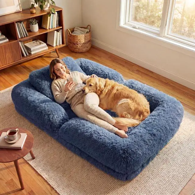 Alt view image 3 of 7 - Human Dog Bed Adjustable, Foldable Human Dog Bed for Adult & Pets with Egg Orthopedic Foam, Adjustable Upholstered Big Bean Bed with 2 Soft Cushions for Living Room, Bedroom (Dark Blue)