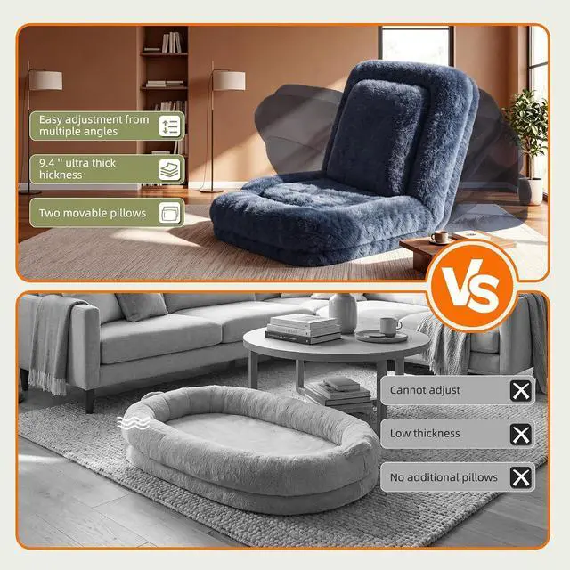 Alt view image 6 of 7 - Human Dog Bed Adjustable, Foldable Human Dog Bed for Adult & Pets with Egg Orthopedic Foam, Adjustable Upholstered Big Bean Bed with 2 Soft Cushions for Living Room, Bedroom (Dark Blue)