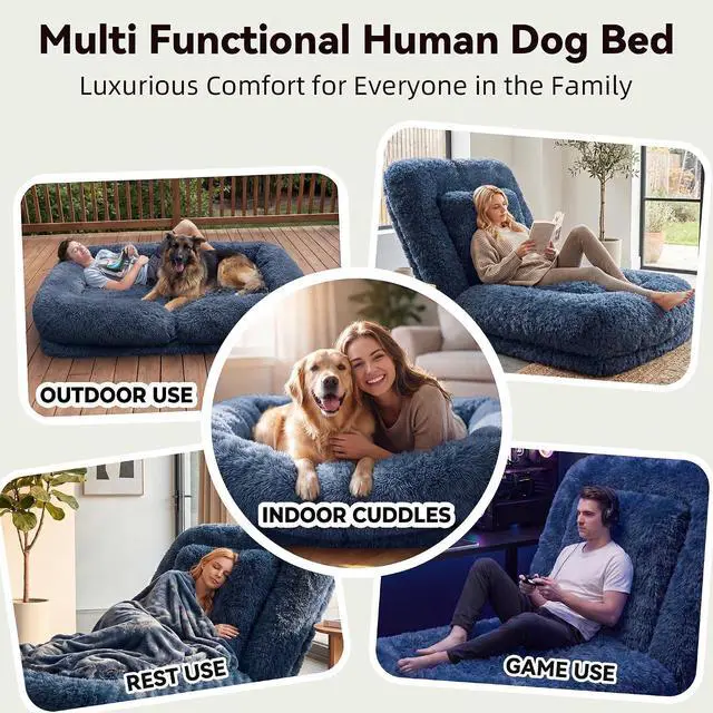 Alt view image 7 of 7 - Human Dog Bed Adjustable, Foldable Human Dog Bed for Adult & Pets with Egg Orthopedic Foam, Adjustable Upholstered Big Bean Bed with 2 Soft Cushions for Living Room, Bedroom (Dark Blue)