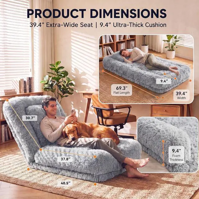 Alt view image 2 of 7 - Human Dog Bed Adjustable, Foldable Human Dog Bed for Adult & Pets with Egg Orthopedic Foam, Adjustable Upholstered Big Bean Bed with 2 Soft Cushions for Living Room, Bedroom (Gray)