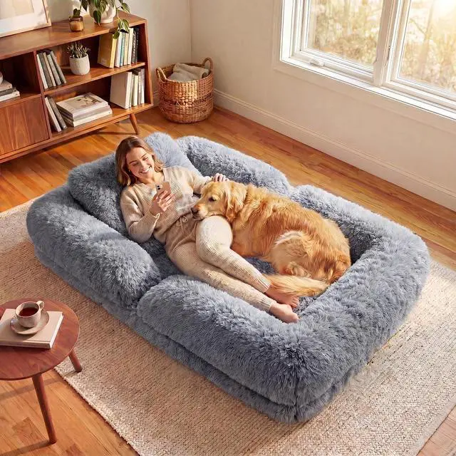 Alt view image 3 of 7 - Human Dog Bed Adjustable, Foldable Human Dog Bed for Adult & Pets with Egg Orthopedic Foam, Adjustable Upholstered Big Bean Bed with 2 Soft Cushions for Living Room, Bedroom (Gray)