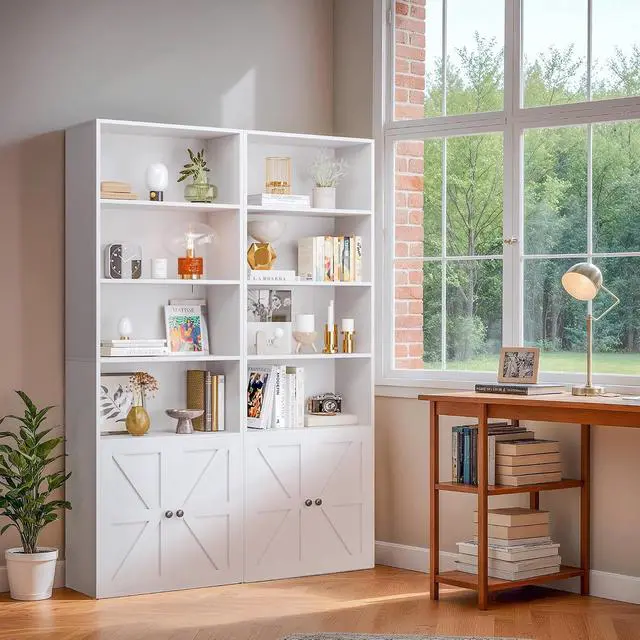 Alt view image 7 of 7 - Industrial Bookshelf and Bookcases with Doors Modern Bookshelf Cabinet Tall Book Shelves Storage for Home Office, Bedroom (White)