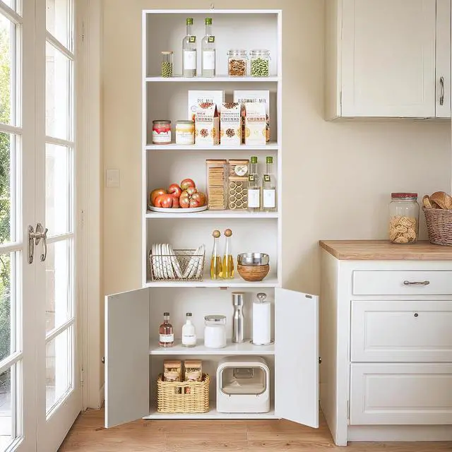 Alt view image 6 of 7 - Industrial Bookshelf and Bookcases with Doors Modern Bookshelf Cabinet Tall Book Shelves Storage for Home Office, Bedroom (White)