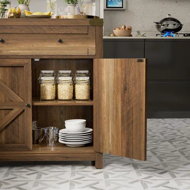 Alt view image 4 of 7 - Coffee Bar Cabinet Farmhouse Kitchen Sideboard Buffet Cabinet with Drawer and Adjustable Shelf Barn Door Storage for Kitchen, Dining Room, Bathroom, Entryway (Brown)