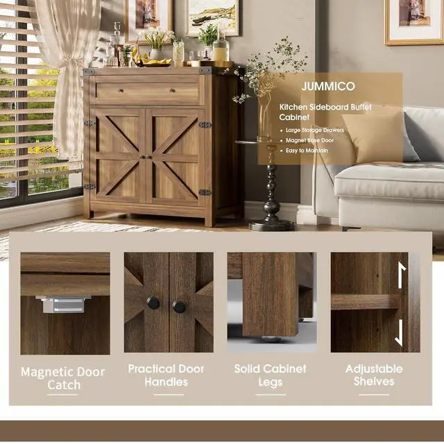 Alt view image 5 of 7 - Coffee Bar Cabinet Farmhouse Kitchen Sideboard Buffet Cabinet with Drawer and Adjustable Shelf Barn Door Storage for Kitchen, Dining Room, Bathroom, Entryway (Brown)