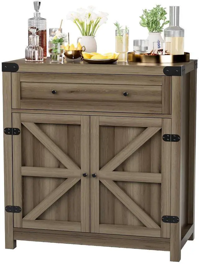 Main image of Coffee Bar Cabinet Farmhouse Kitchen Sideboard Buffet Cabinet with Drawer and Adjustable Shelf Barn Door Storage Cabinet for Kitchen, Dining Room, Bathroom, Entryway (Rustic Oak)