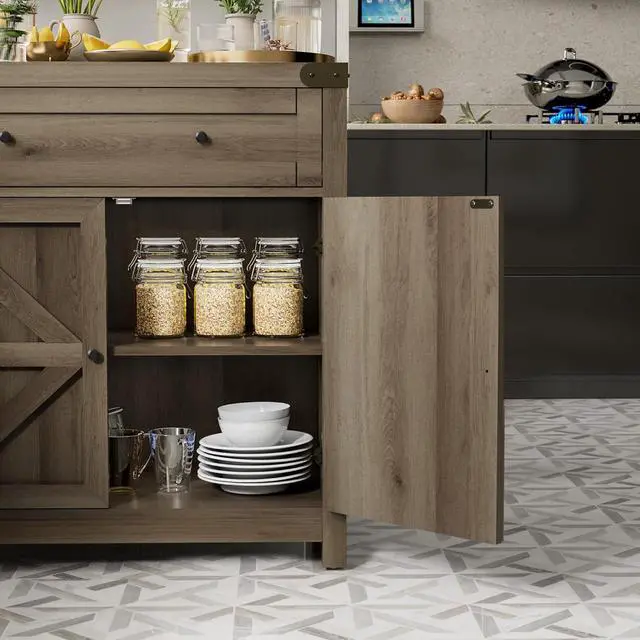 Alt view image 4 of 7 - Coffee Bar Cabinet Farmhouse Kitchen Sideboard Buffet Cabinet with Drawer and Adjustable Shelf Barn Door Storage Cabinet for Kitchen, Dining Room, Bathroom, Entryway (Rustic Oak)