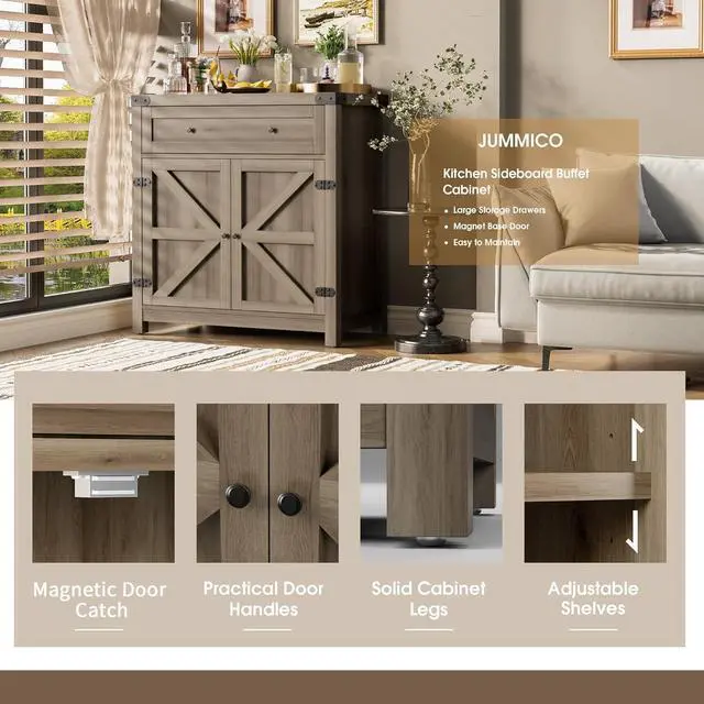 Alt view image 5 of 7 - Coffee Bar Cabinet Farmhouse Kitchen Sideboard Buffet Cabinet with Drawer and Adjustable Shelf Barn Door Storage Cabinet for Kitchen, Dining Room, Bathroom, Entryway (Rustic Oak)