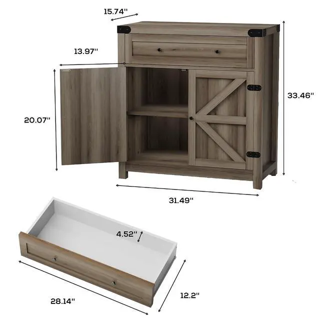 Alt view image 3 of 7 - Coffee Bar Cabinet Farmhouse Kitchen Sideboard Buffet Cabinet with Drawer and Adjustable Shelf Barn Door Storage Cabinet for Kitchen, Dining Room, Bathroom, Entryway (Rustic Oak)