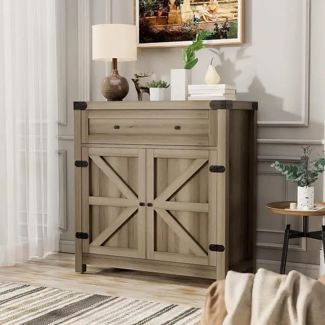 Alt view image 2 of 7 - Coffee Bar Cabinet Farmhouse Kitchen Sideboard Buffet Cabinet with Drawer and Adjustable Shelf Barn Door Storage Cabinet for Kitchen, Dining Room, Bathroom, Entryway (Rustic Oak)