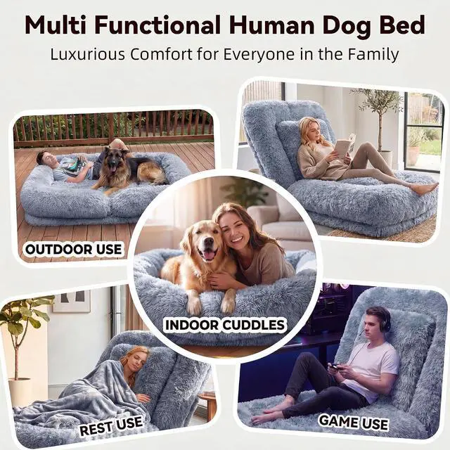 Alt view image 7 of 7 - Human Dog Bed Adjustable, Foldable Human Dog Bed for Adult & Pets with Egg Orthopedic Foam, Adjustable Upholstered Big Bean Bed with 2 Soft Cushions for Living Room, Bedroom (Gray)