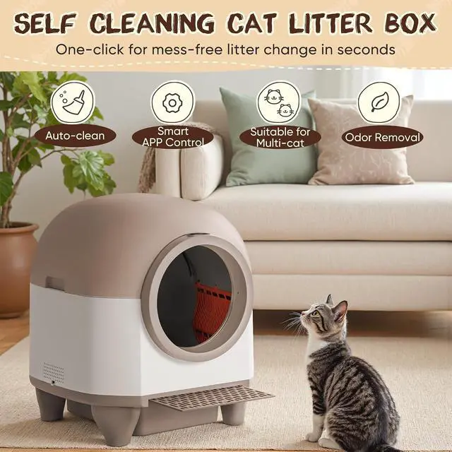 Alt view image 3 of 7 - Automatic Self-Cleaning Litter Box, 90L Large Capacity for Multiple Cats - APP Controlled with Safety Protection, Included Litter Mat & 1 Roll Garbage Bags (Brown)