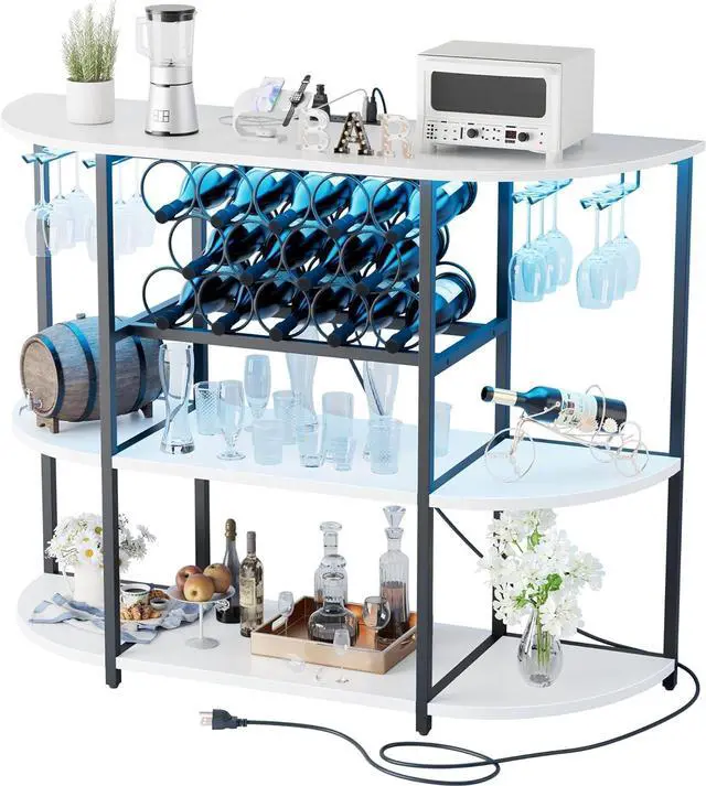 Main image of Wine Bar Cabinet with LED Light and Charging Station, Freestanding Wine Racks & Cabinet with 3 Tiers Storage Shelves and Footstands, Coffee Liquor Bar Cabinets for Home/Kitchen (White)