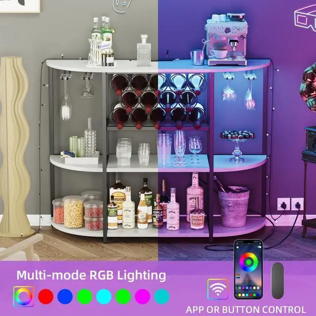 Alt view image 4 of 7 - Wine Bar Cabinet with LED Light and Charging Station, Freestanding Wine Racks & Cabinet with 3 Tiers Storage Shelves and Footstands, Coffee Liquor Bar Cabinets for Home/Kitchen (White)
