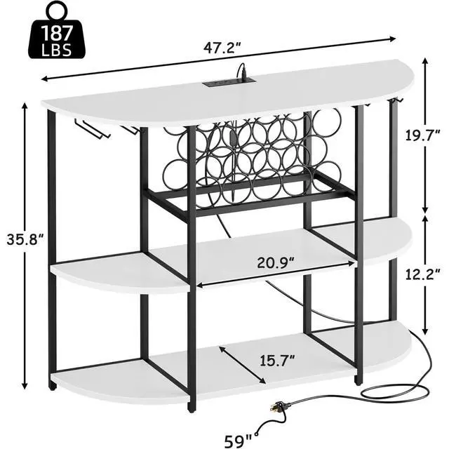 Alt view image 3 of 7 - Wine Bar Cabinet with LED Light and Charging Station, Freestanding Wine Racks & Cabinet with 3 Tiers Storage Shelves and Footstands, Coffee Liquor Bar Cabinets for Home/Kitchen (White)