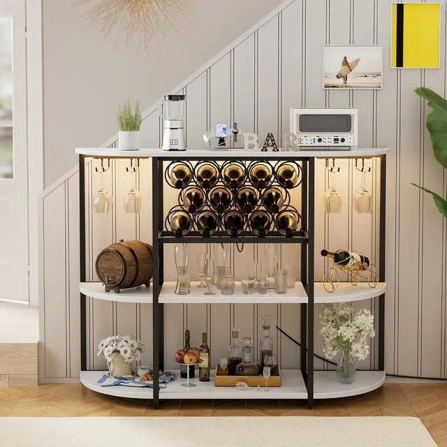 Alt view image 2 of 7 - Wine Bar Cabinet with LED Light and Charging Station, Freestanding Wine Racks & Cabinet with 3 Tiers Storage Shelves and Footstands, Coffee Liquor Bar Cabinets for Home/Kitchen (White)