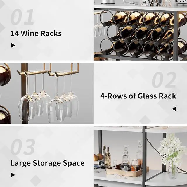 Alt view image 5 of 7 - Wine Bar Cabinet with LED Light and Charging Station, Freestanding Wine Racks & Cabinet with 3 Tiers Storage Shelves and Footstands, Coffee Liquor Bar Cabinets for Home/Kitchen (White)