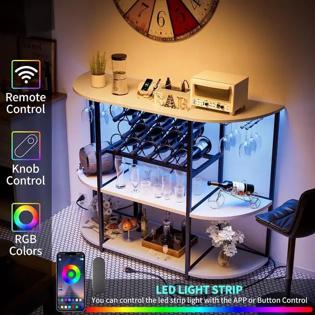 Alt view image 7 of 7 - Wine Bar Cabinet with LED Light and Charging Station, Freestanding Wine Racks & Cabinet with 3 Tiers Storage Shelves and Footstands, Coffee Liquor Bar Cabinets for Home/Kitchen (White)