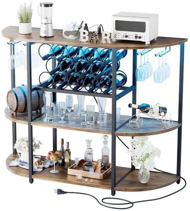 Main image of Wine Bar Cabinet with LED Light and Charging Station, Freestanding Wine Racks & Cabinet with 3 Tiers Storage Shelves and Footstands, Coffee Liquor Bar Cabinets for Home/Kitchen (Brown)