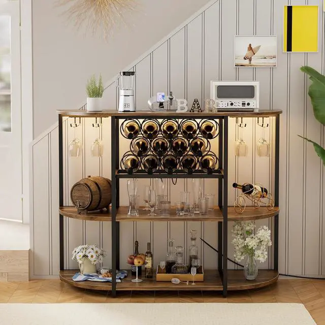 Alt view image 2 of 7 - Wine Bar Cabinet with LED Light and Charging Station, Freestanding Wine Racks & Cabinet with 3 Tiers Storage Shelves and Footstands, Coffee Liquor Bar Cabinets for Home/Kitchen (Brown)