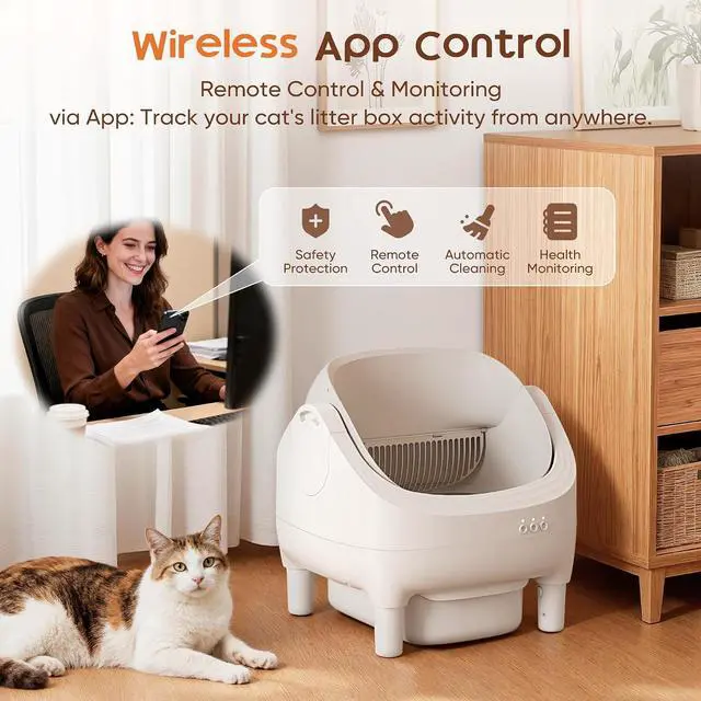 Alt view image 2 of 7 - Open-Top Cat Litter Box Electric Auto-Cleaning System, Reliable Odor Management, Smart APP Support, 15L Large-Capacity Waste Bin, Trash Bags & Mat Included (White)
