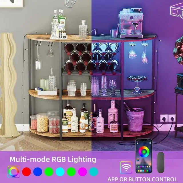 Alt view image 4 of 7 - Wine Bar Cabinet with LED Light and Charging Station, Freestanding Wine Racks & Cabinet with 3 Tiers Storage Shelves and Footstands, Coffee Liquor Bar Cabinets for Home/Kitchen (Brown)