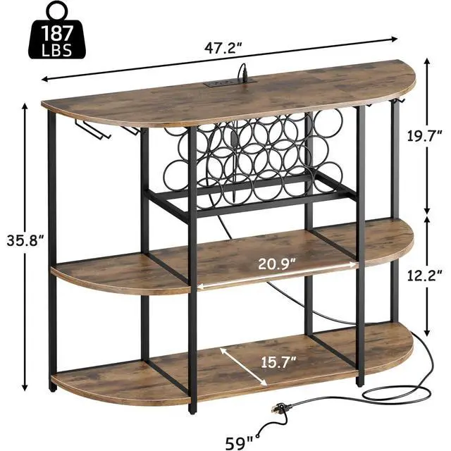 Alt view image 3 of 7 - Wine Bar Cabinet with LED Light and Charging Station, Freestanding Wine Racks & Cabinet with 3 Tiers Storage Shelves and Footstands, Coffee Liquor Bar Cabinets for Home/Kitchen (Brown)