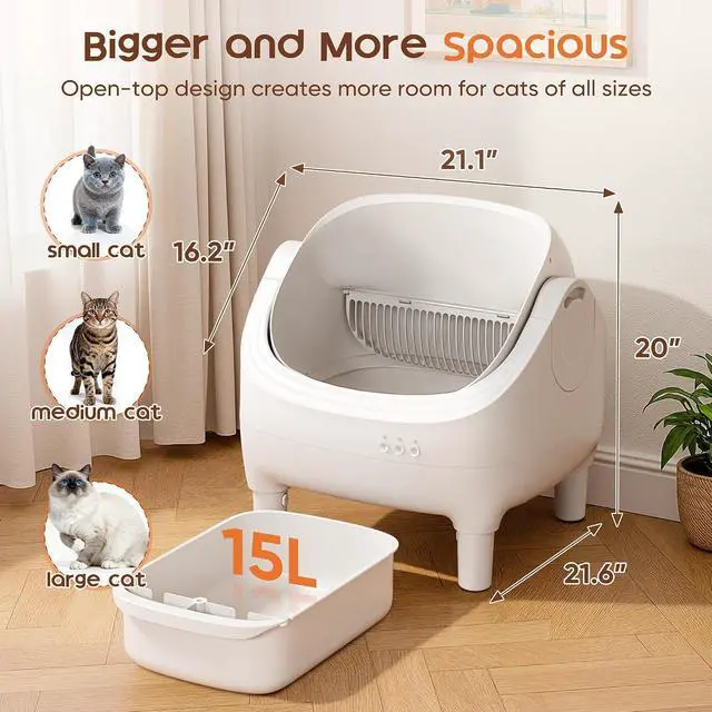 Alt view image 4 of 7 - Open-Top Cat Litter Box Electric Auto-Cleaning System, Reliable Odor Management, Smart APP Support, 15L Large-Capacity Waste Bin, Trash Bags & Mat Included (White)