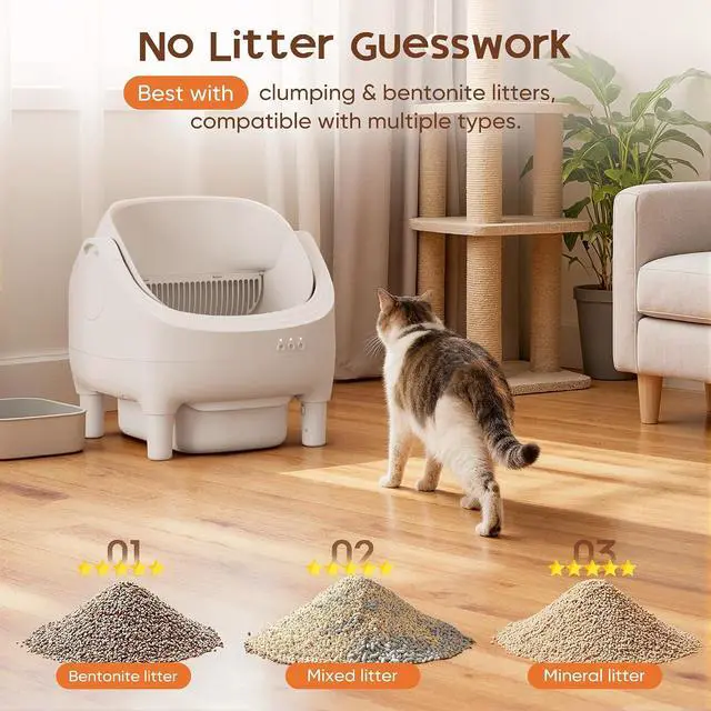 Alt view image 6 of 7 - Open-Top Cat Litter Box Electric Auto-Cleaning System, Reliable Odor Management, Smart APP Support, 15L Large-Capacity Waste Bin, Trash Bags & Mat Included (White)