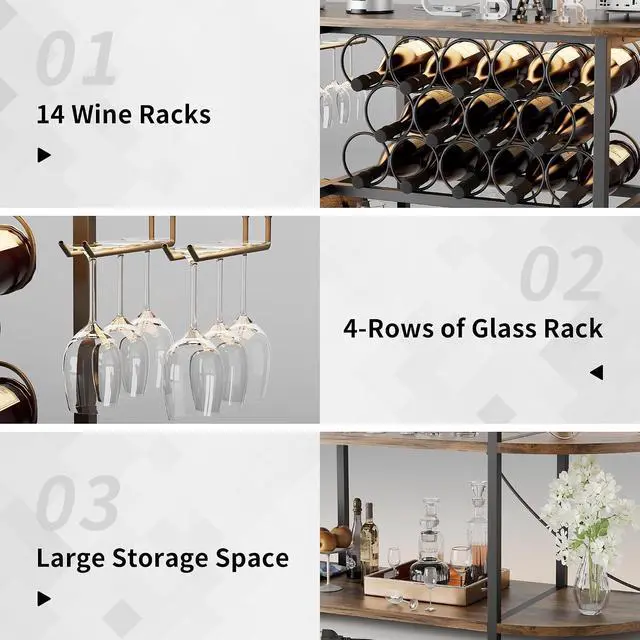 Alt view image 5 of 7 - Wine Bar Cabinet with LED Light and Charging Station, Freestanding Wine Racks & Cabinet with 3 Tiers Storage Shelves and Footstands, Coffee Liquor Bar Cabinets for Home/Kitchen (Brown)
