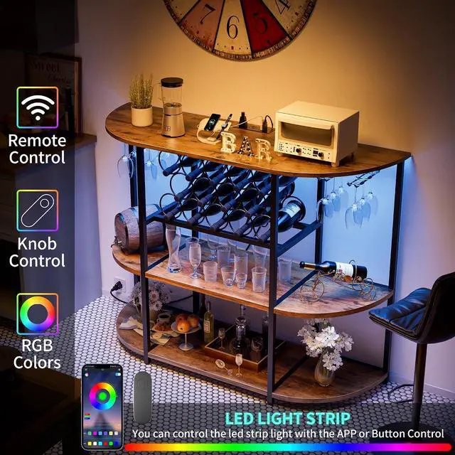 Alt view image 7 of 7 - Wine Bar Cabinet with LED Light and Charging Station, Freestanding Wine Racks & Cabinet with 3 Tiers Storage Shelves and Footstands, Coffee Liquor Bar Cabinets for Home/Kitchen (Brown)