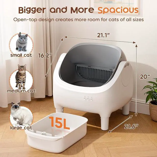 Alt view image 4 of 7 - Open-Top Cat Litter Box Electric Auto-Cleaning System, Reliable Odor Management, Smart APP Support, 15L Large-Capacity Waste Bin, Trash Bags & Mat Included (Gray)