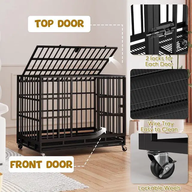 Alt view image 2 of 7 - 47/42/37 Inch Dog Crate, Large Dog Kennel Heavy Duty Steel Dog Cage with Double Doors Wheels Removable Tray, Escape Proof Large Dog Crate for Big Dogs (47.2'' L x 30''W x 34.6''H)