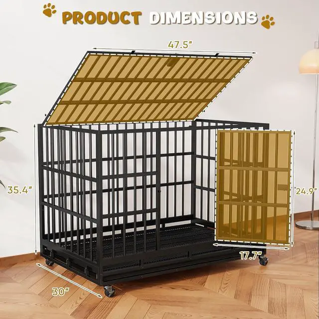 Alt view image 5 of 7 - 47/42/37 Inch Dog Crate, Large Dog Kennel Heavy Duty Steel Dog Cage with Double Doors Wheels Removable Tray, Escape Proof Large Dog Crate for Big Dogs (47.2'' L x 30''W x 34.6''H)