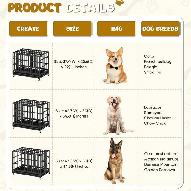 Alt view image 7 of 7 - 47/42/37 Inch Dog Crate, Large Dog Kennel Heavy Duty Steel Dog Cage with Double Doors Wheels Removable Tray, Escape Proof Large Dog Crate for Big Dogs (47.2'' L x 30''W x 34.6''H)