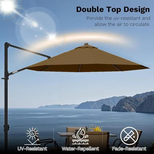 Alt view image 7 of 7 - 10ft Cantilever Patio Umbrella, Round Large Outdoor Umbrella with 360-Degree Rotation, Hanging Offset Market Sun Umbrella, Easy Tilt and Heavy-Duty Frame, for Patio Backyard Garden, Brown