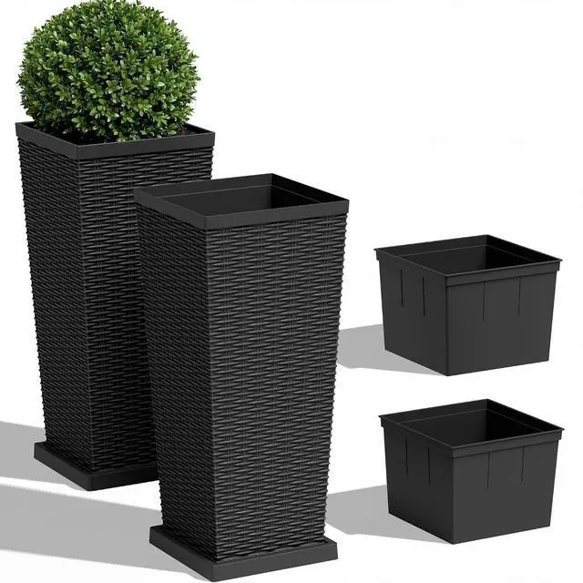 Main image of Set of 2 Resin Widened Tapered Planters, Rattan Texture Planters with Drainage Holes and Trays, Outdoor Flowers Pots for Plants, Porch & Patio Decor (Black, 30'' H, Inner & Outer Trays)