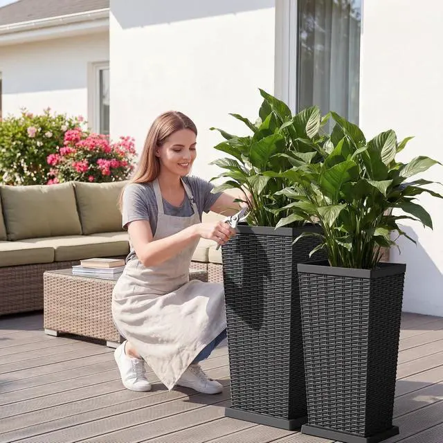 Alt view image 2 of 7 - Set of 2 Resin Widened Tapered Planters, Rattan Texture Planters with Drainage Holes and Trays, Outdoor Flowers Pots for Plants, Porch & Patio Decor (Black, 30'' H, Inner & Outer Trays)