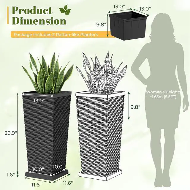 Alt view image 4 of 7 - Set of 2 Resin Widened Tapered Planters, Rattan Texture Planters with Drainage Holes and Trays, Outdoor Flowers Pots for Plants, Porch & Patio Decor (Black, 30'' H, Inner & Outer Trays)