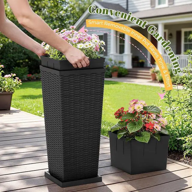 Alt view image 6 of 7 - Set of 2 Resin Widened Tapered Planters, Rattan Texture Planters with Drainage Holes and Trays, Outdoor Flowers Pots for Plants, Porch & Patio Decor (Black, 30'' H, Inner & Outer Trays)