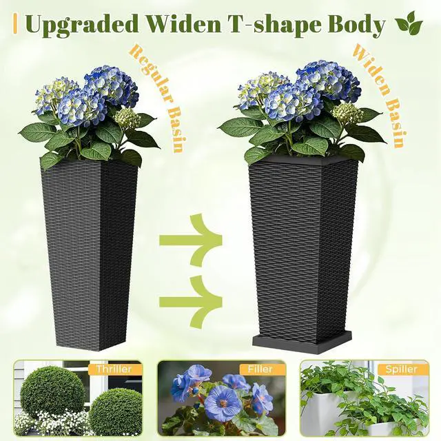 Alt view image 7 of 7 - Set of 2 Resin Widened Tapered Planters, Rattan Texture Planters with Drainage Holes and Trays, Outdoor Flowers Pots for Plants, Porch & Patio Decor (Black, 30'' H, Inner & Outer Trays)