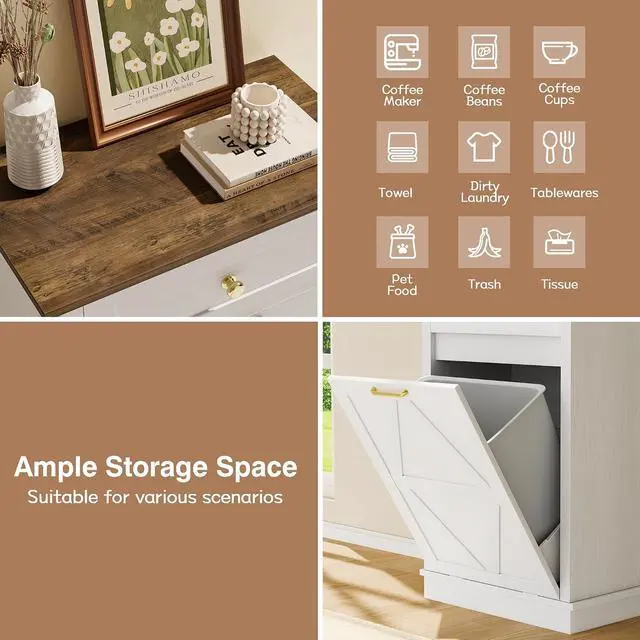 Alt view image 4 of 7 - Tilt-Out Trash Can Cabinet, 10 Gallon Laundry Hamper Cabinets with Drawers, for Kitchen, Dining Room and Living Room (White, 2 Piece)