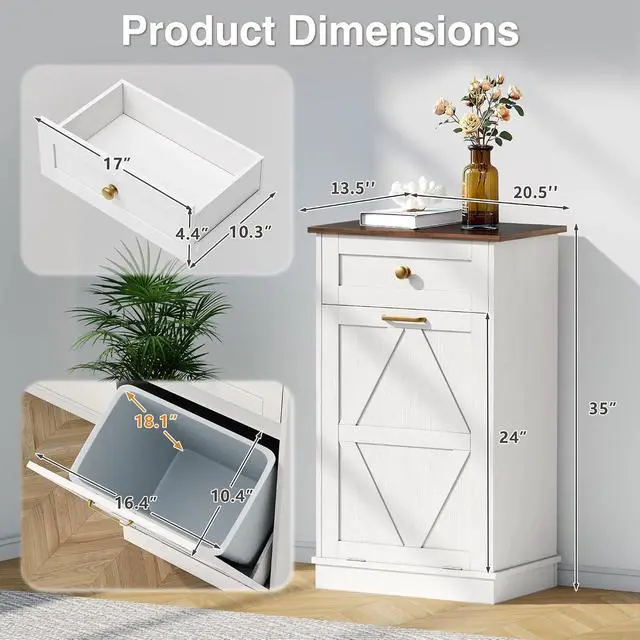 Alt view image 2 of 7 - Tilt Out Trash Cabinet 10 Gallon, Woodern Hidden Trash Can Holder, for Kitchen, Laundry Sorter (White)