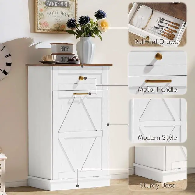 Alt view image 3 of 7 - Tilt Out Trash Cabinet 10 Gallon, Woodern Hidden Trash Can Holder, for Kitchen, Laundry Sorter (White)
