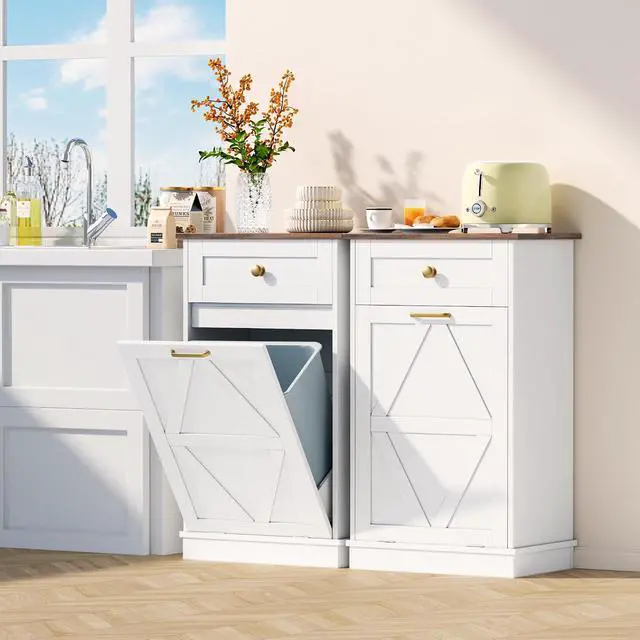 Alt view image 5 of 7 - Tilt Out Trash Cabinet 10 Gallon, Woodern Hidden Trash Can Holder, for Kitchen, Laundry Sorter (White)